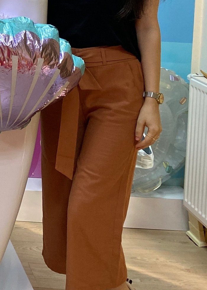 Bej Kemerli Midi Kadın Keten Pantolon - Görsel 5