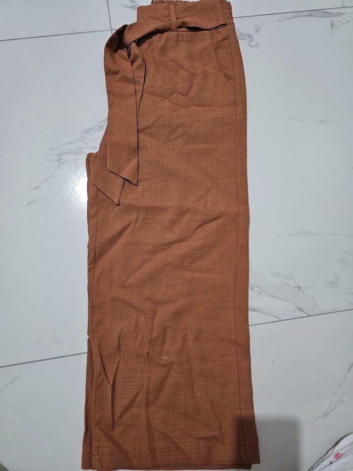 Bej Kemerli Midi Kadın Keten Pantolon - Görsel 4