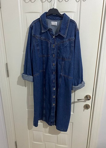 Lacivert Düğmeli Denim Elbise
