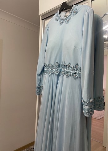 Uzun Kollu Mavi Drapeli Vintage Abiye Elbise - Görsel 3