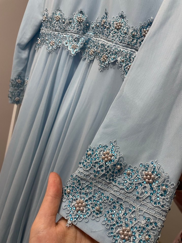 Uzun Kollu Mavi Drapeli Vintage Abiye Elbise - Görsel 2