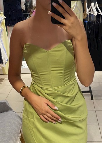 Parlak Haki Straplez Midi Abiye Elbise - Görsel 2