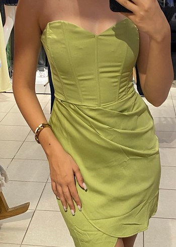 Parlak Haki Straplez Midi Abiye Elbise - Görsel 3