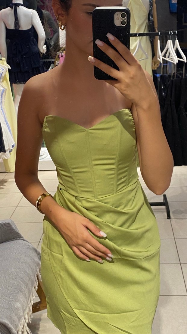 Parlak Haki Straplez Midi Abiye Elbise - Görsel 2