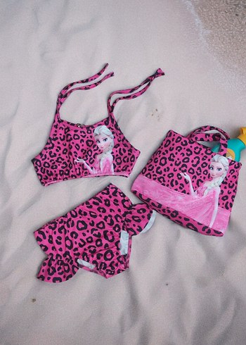 Kız Çocuk Pembe Frozen baskılı ve Plaj Çantalı Bikini - Görsel 2