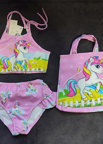 Kız Çocuk Unicorn Baskılı Bikini ve Plaj Çantasi - Görsel 5