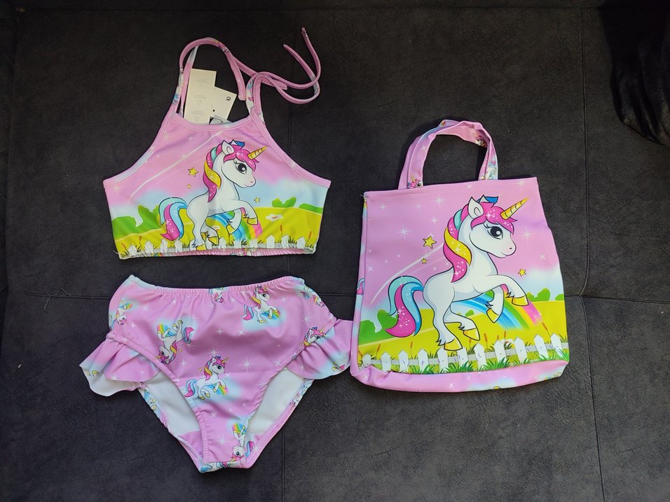 Kız Çocuk Unicorn Baskılı Bikini ve Plaj Çantasi - Görsel 5