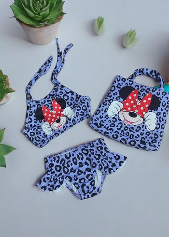 Kız Çocuk Lila Minnie Mouse Desenli Bikini ve Çanta - Görsel 8