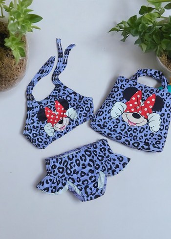 Kız Çocuk Lila Minnie Mouse  Baskılı Bikini ve Çanta Seti - Görsel 2