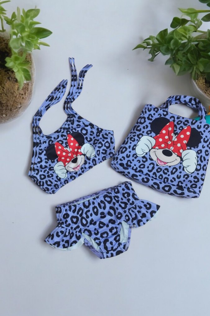 Kız Çocuk Lila Minnie Mouse Baskılı Bikini ve Çanta - Görsel 2