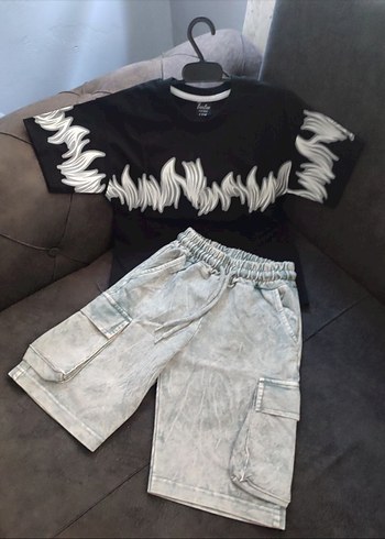 Erkek Çocuk Siyah Gri Batik Desenli Kargo Cep Şort Yazlık Takim - Görsel 3