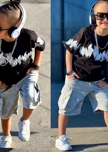 Erkek Çocuk Siyah Gri Batik Desenli Kargo Cep Şort Yazlık Takim - Görsel 2