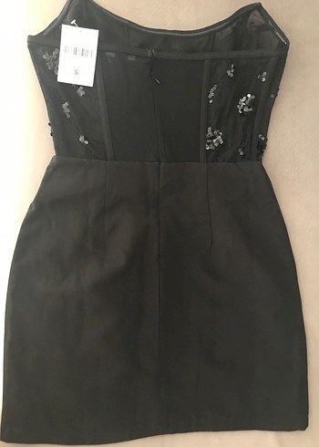 Boncuk İşlemeli Straplez Siyah Elbise - Görsel 2