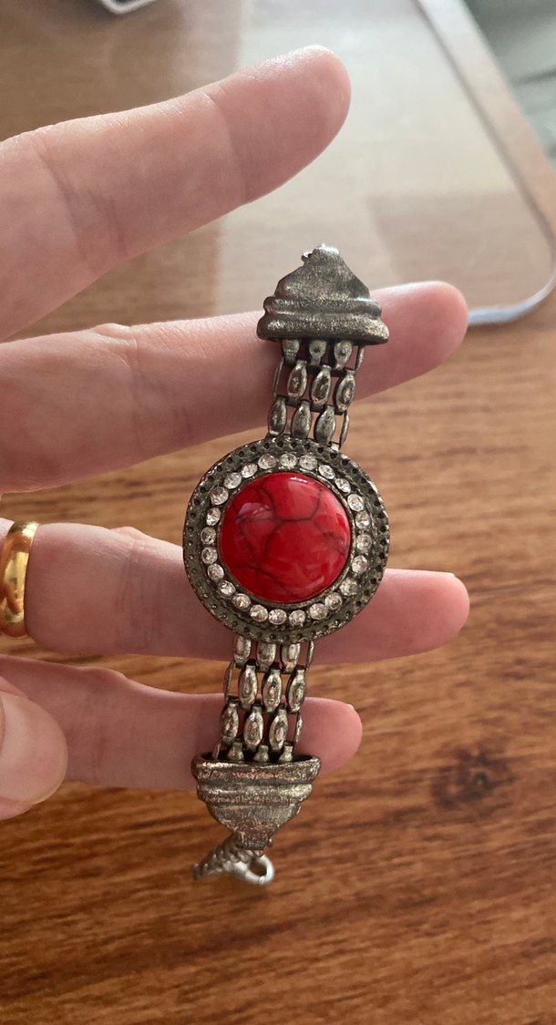 Kırmızı Taşlı Zincir Detaylı Bohem Bileklik - Görsel 2