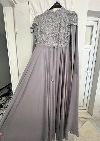 Gri Uzun Kol Drapeli Kadın Abiye Elbise - Görsel 3