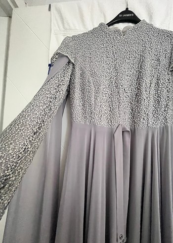 Gri Uzun Kol Drapeli Kadın Abiye Elbise - Görsel 2