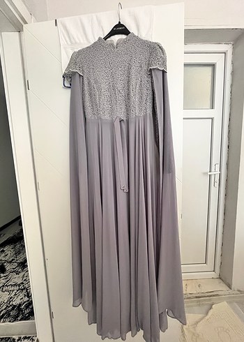 Gri Uzun Kol Drapeli Kadın Abiye Elbise - Görsel 4