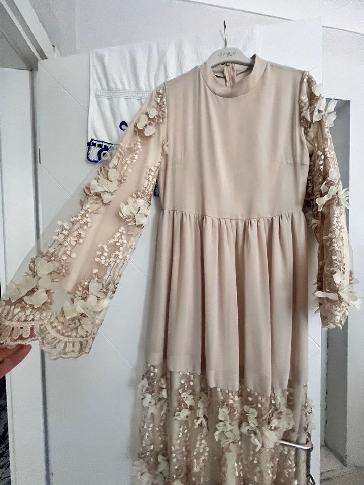 Bej Dantel Detaylı Bohem Uzun Elbise - Görsel 2