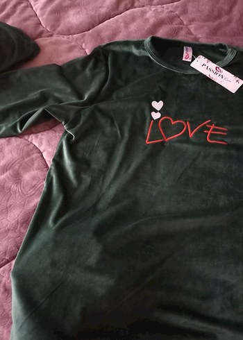 Zümrüt yeşili Baskılı Uzun Kollu Kadın kadife Pijama Takımı - Görsel 8