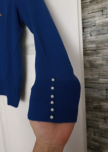 saks mavisi V Yaka Kadın Triko Kazak - Görsel 3