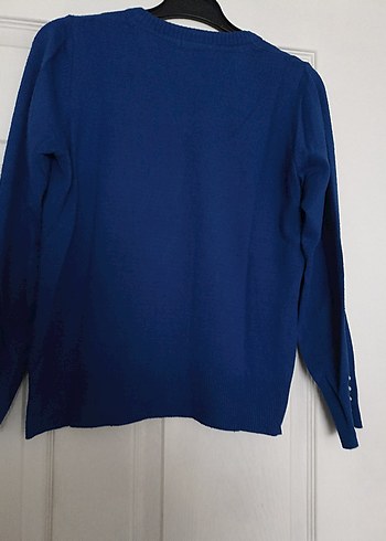 saks mavisi V Yaka Kadın Triko Kazak - Görsel 4