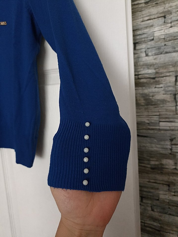 saks mavisi V Yaka Kadın Triko Kazak - Görsel 3