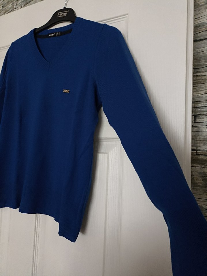 saks mavisi V Yaka Kadın Triko Kazak - Görsel 2