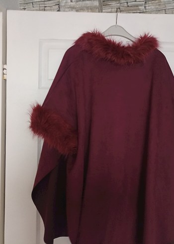 Bordo Kürklü Kadın Panço Midi Boy - Görsel 8