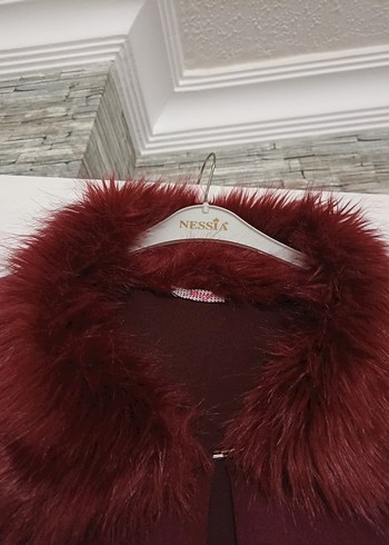 Bordo Kürklü Kadın Panço Midi Boy - Görsel 5