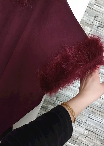 Bordo Kürklü Kadın Panço Midi Boy - Görsel 3
