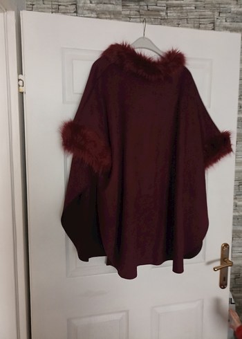 Bordo Kürklü Kadın Panço Midi Boy - Görsel 6