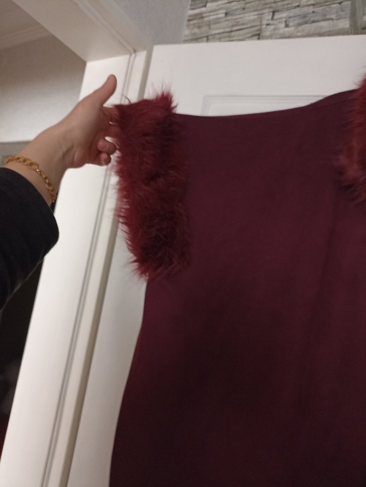 Bordo Kürklü Kadın Panço Midi Boy - Görsel 4