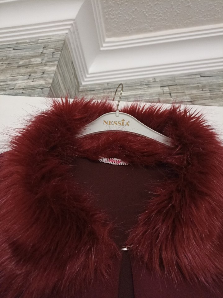 Bordo Kürklü Kadın Panço Midi Boy - Görsel 5