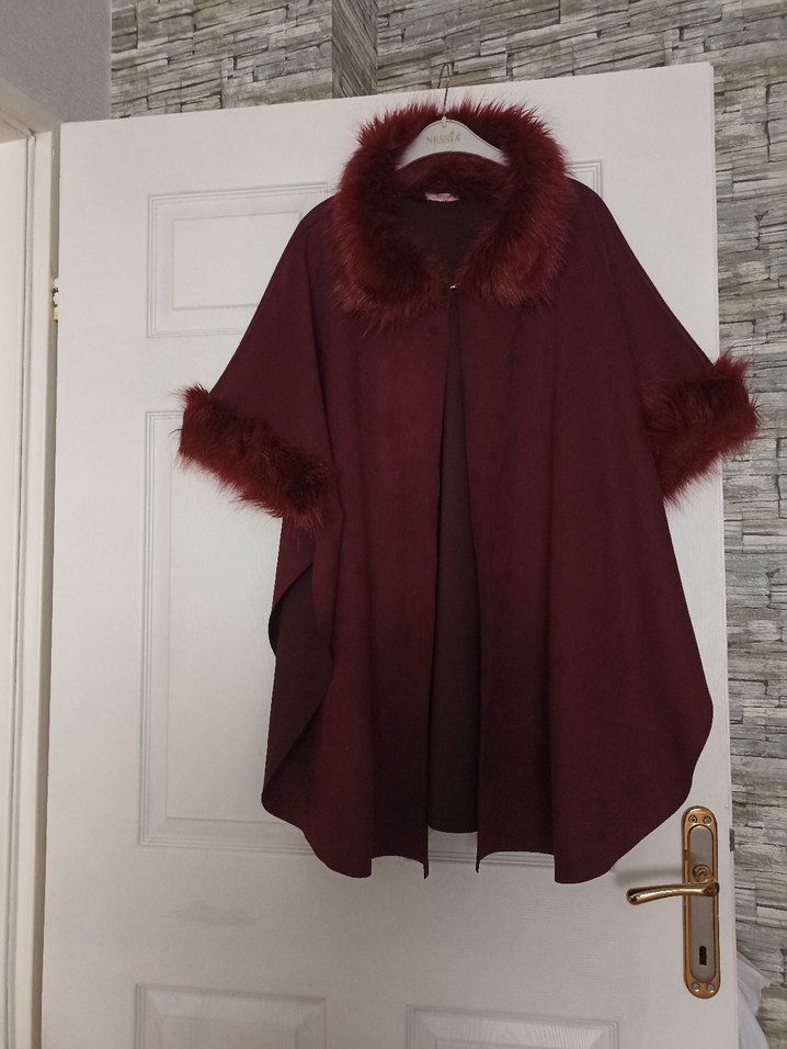 Bordo Kürklü Kadın Panço Midi Boy - Görsel 2