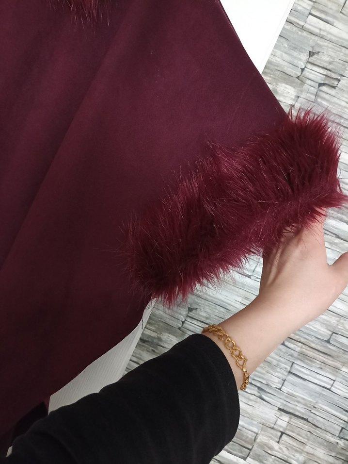 Bordo Kürklü Kadın Panço Midi Boy - Görsel 3
