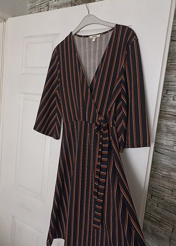 V Yaka Çizgili Uzun kiremit siyah Elbise - Görsel 2