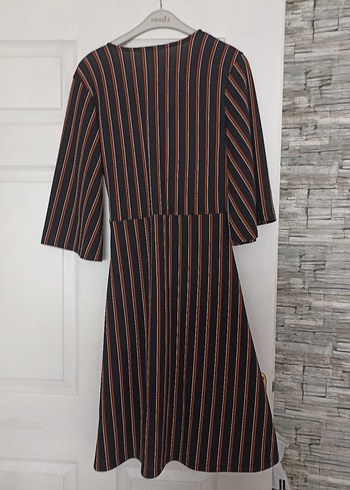 V Yaka Çizgili Uzun kiremit siyah Elbise - Görsel 3