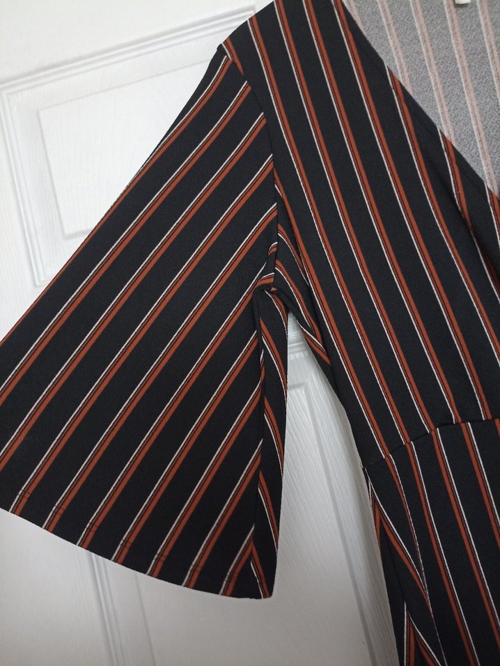 V Yaka Çizgili Uzun kiremit siyah Elbise - Görsel 4