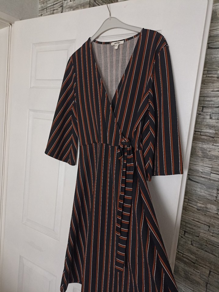 V Yaka Çizgili Uzun kiremit siyah Elbise - Görsel 2