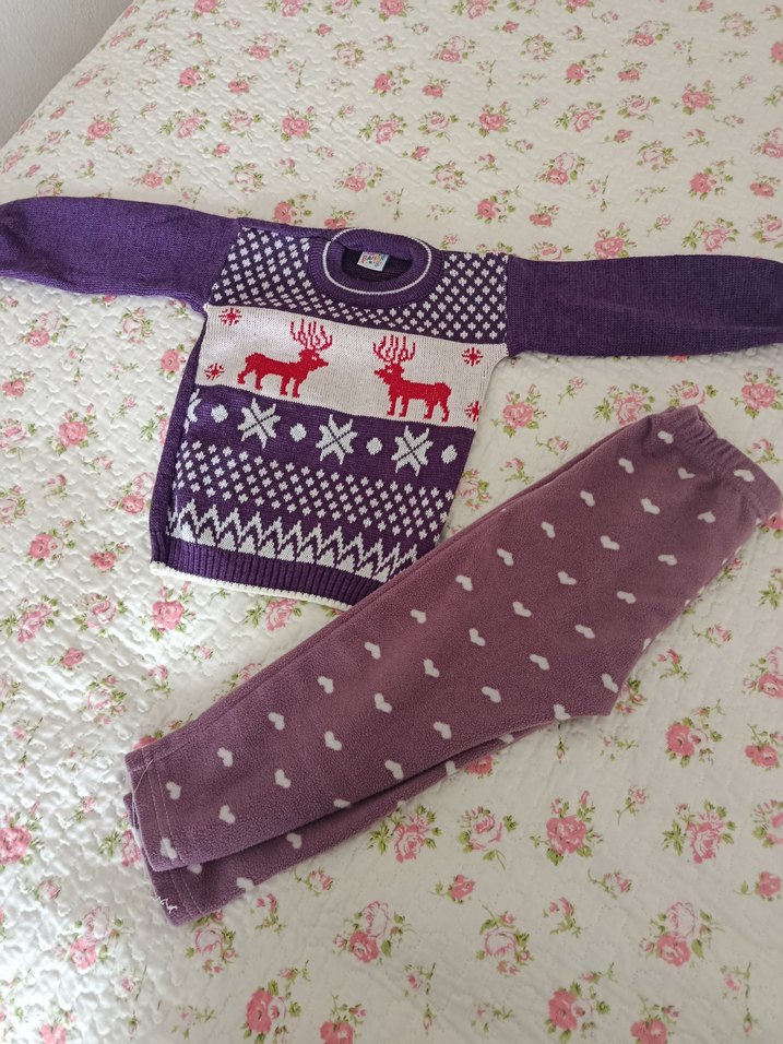 Kızlar için Renkli Desenli Mor Triko Hırka - Görsel 2