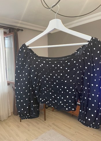 Siyah Beyaz Puantiyeli Uzun Kollu Mini Bluz - Görsel 6