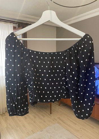 Siyah Beyaz Puantiyeli Uzun Kollu Mini Bluz - Görsel 5