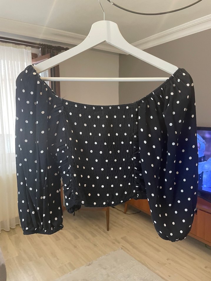 Siyah Beyaz Puantiyeli Uzun Kollu Mini Bluz - Görsel 5