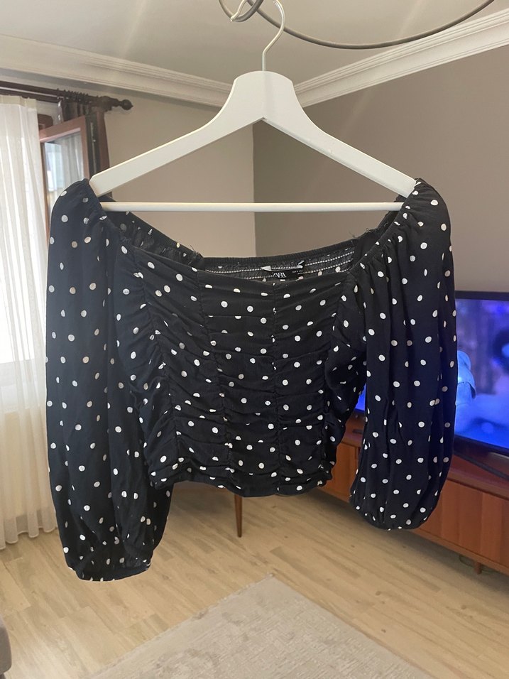 Siyah Beyaz Puantiyeli Uzun Kollu Mini Bluz - Görsel 2