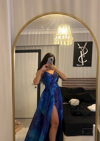 Parlak Mavi Drapeli Uzun Straplez Elbise - Görsel 5