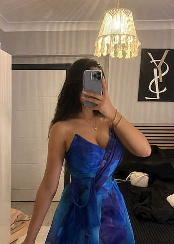 Parlak Mavi Drapeli Uzun Straplez Elbise - Görsel 3