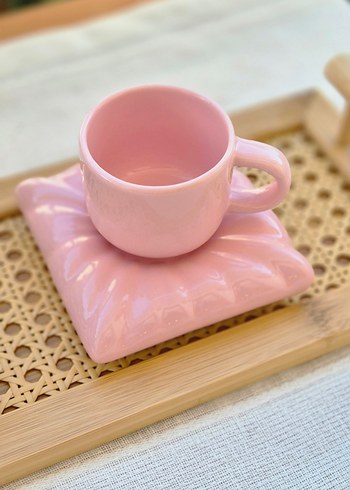 Kütahya Porselen Pastel Pembe Seramik Fincan ve Tabak