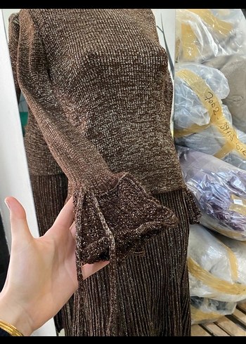 diğer Beden Kahverengi Simli Pilili Triko Etek
