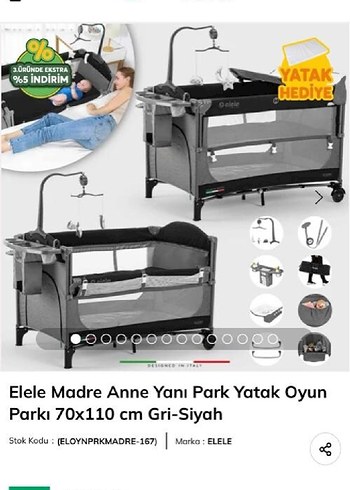 Elele Madre Anne Yanı Park Yatak 70x110 cm Gri-Siyah