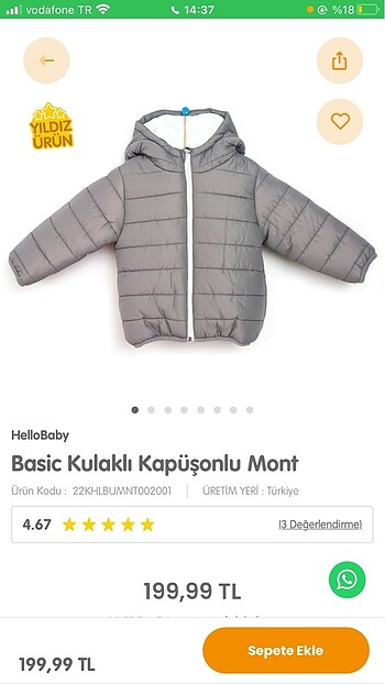 Çocuk kapüşonlu mont